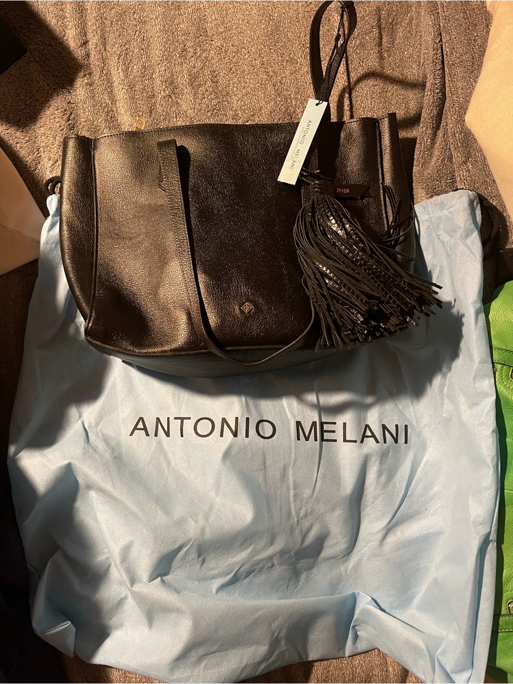 ANTONIO MELANI Black Leather Tote with Tassel Charm